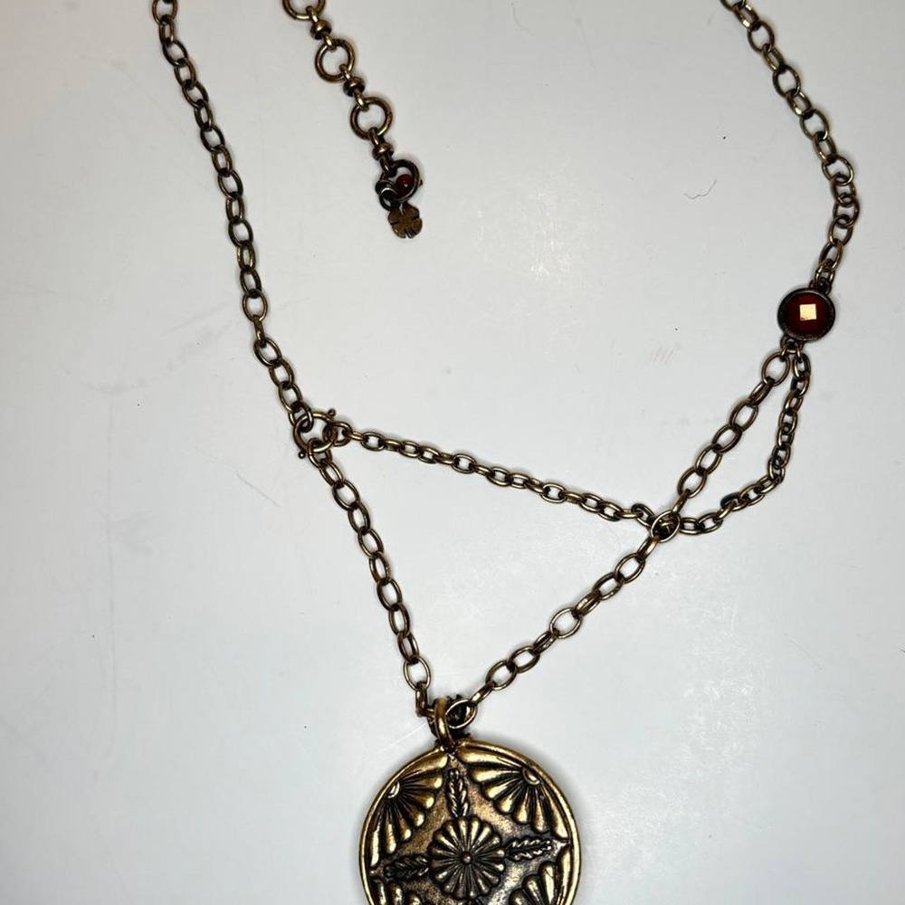 Lucky Brand Green Pendant Antiqued Gold Tone Lotus Necklace Boho 20" - Picture 4 of 4